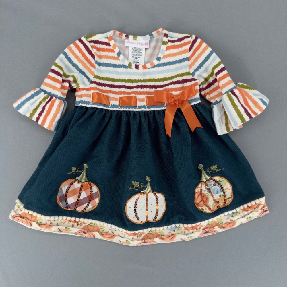 Bonnie Baby Girls 18M Fall Pumpkin Striped Bell Sleeve Dress B5-11475-PT